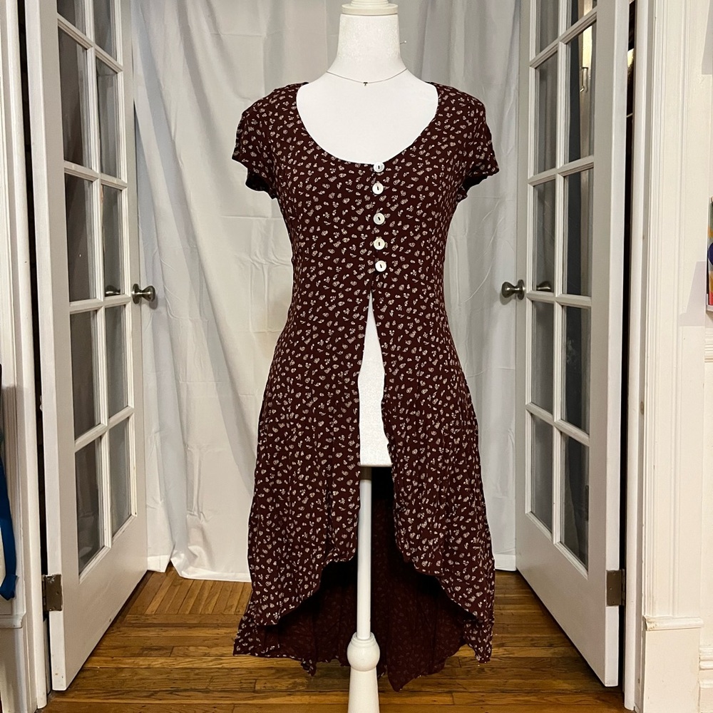 Vintage 90s Serge Azar Paris Maroon Floral High-Low Dress XS S